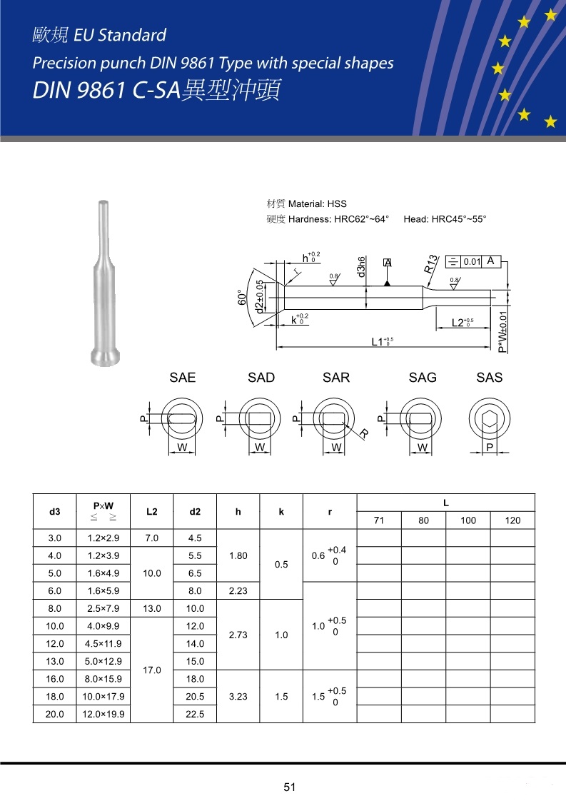 Precision punch DIN 9861 Type with special shapes